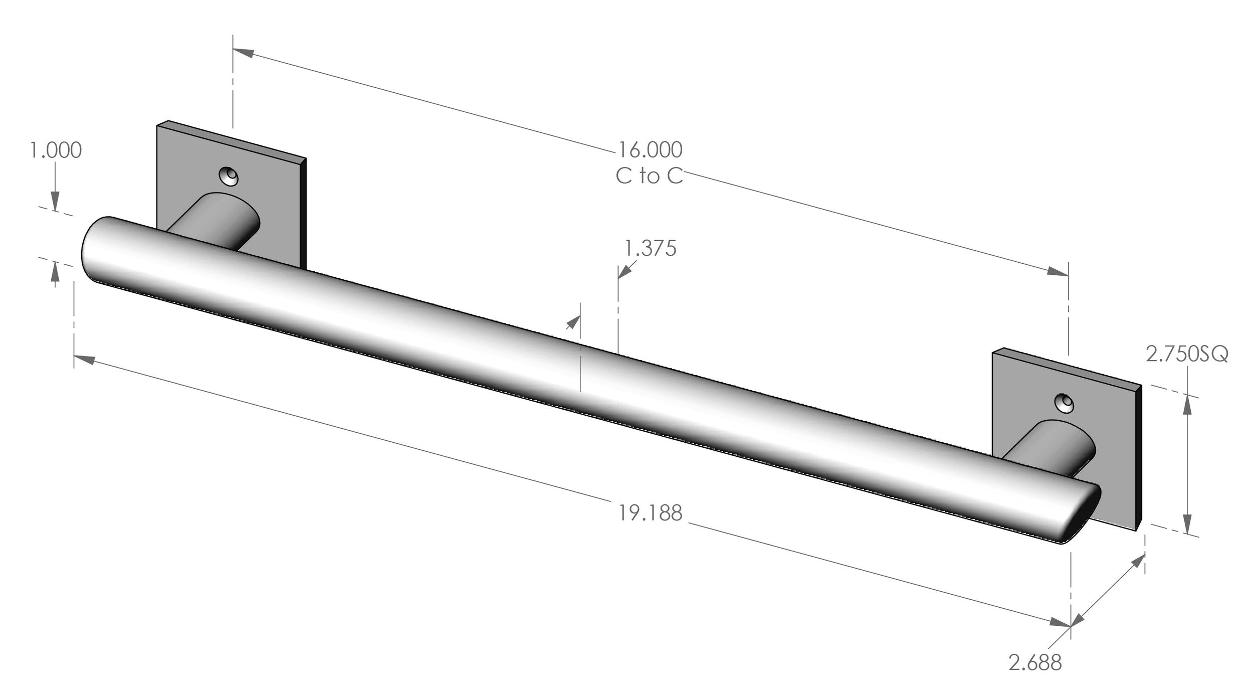 Kyoto Towel Bar (DEREUS-TB-K16) — dibujo de especificaciones y dimensiones