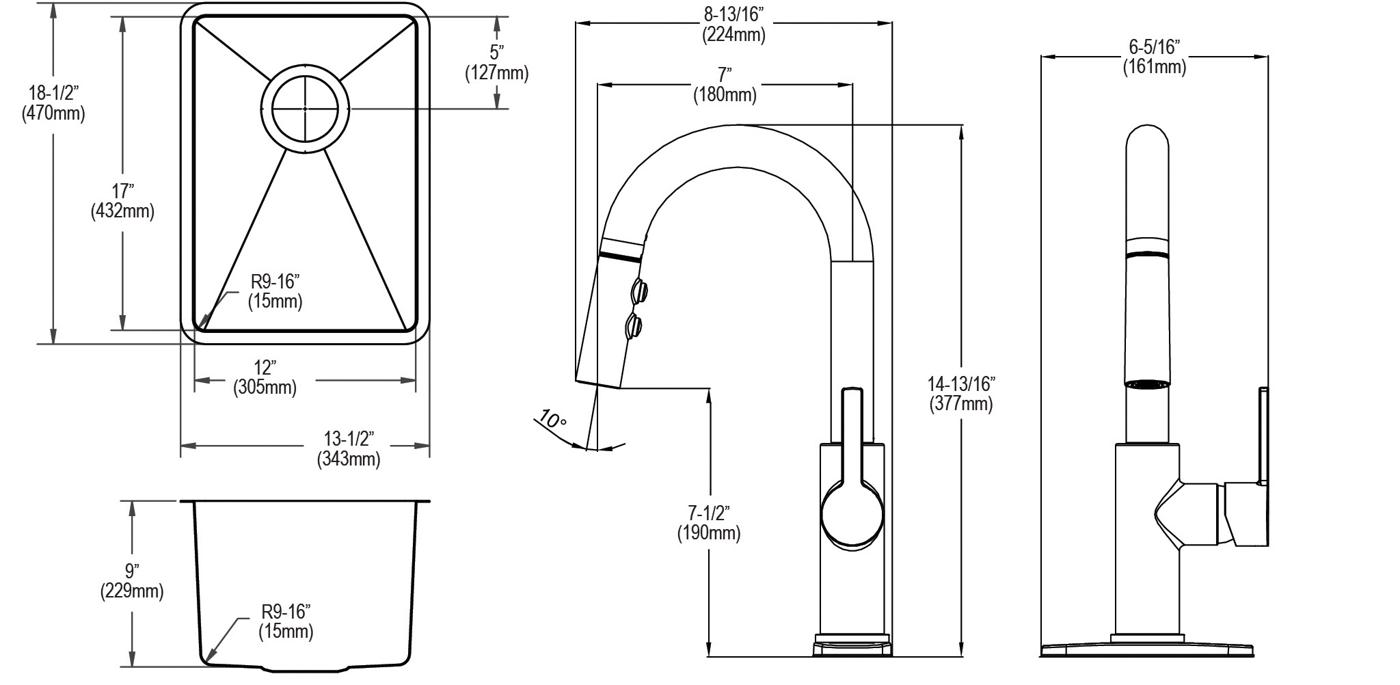 Elkay Tarja Crosstown® Calibre 18 Acero Inoxidable 13-1/2" x 18-1/2" x 9" de Un Tazón Bajo Cubierta Bar (Kit con Llave Rejilla de Fondo y Drenaje) — vista de producto