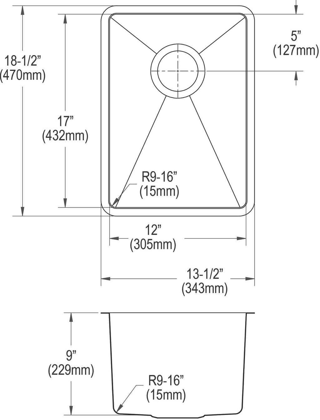 Elkay Tarja Crosstown® Calibre 18 Acero Inoxidable 13-1/2" x 18-1/2" x 9" de Un Tazón de Bar Bajo Cubierta — vista de producto