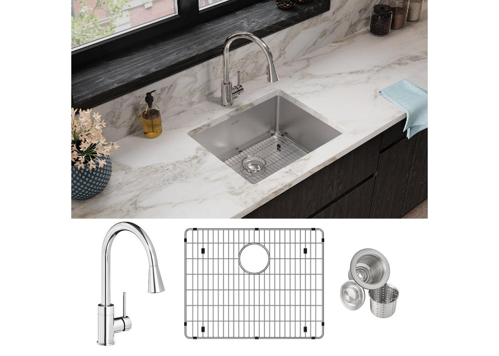 Elkay Tarja Crosstown® Calibre 18 Acero Inoxidable 22-1/2" x 18-1/2" x 9" de Un Tazón Bajo Cubierta (Kit con Llave Rejilla de Fondo y Drenaje) — ambiente de cocina