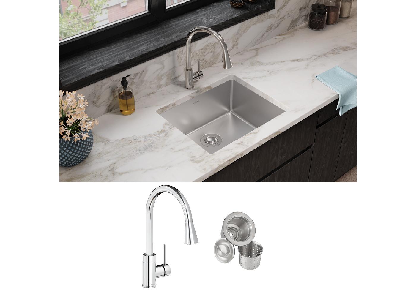 Elkay Tarja Crosstown® Calibre 18 Acero Inoxidable 22-1/2" x 18-1/2" x 9" de Un Tazón Bajo Cubierta (Kit con Llave y Drenaje) — ambiente de cocina