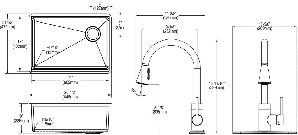 Elkay Tarja Crosstown® Calibre 18 Acero Inoxidable 25-1/2" x 18-1/2" x 9" de Un Tazón Bajo Cubierta (Kit con Llave Rejilla de Fondo y Drenaje) — vista de producto
