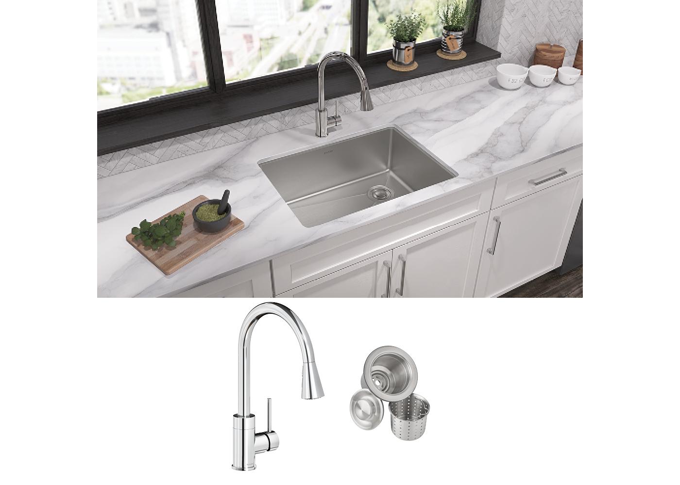 Elkay Tarja Crosstown® Calibre 18 Acero Inoxidable 25-1/2" x 18-1/2" x 9" de Un Tazón Bajo Cubierta (Kit con Llave y Drenaje) — ambiente de cocina