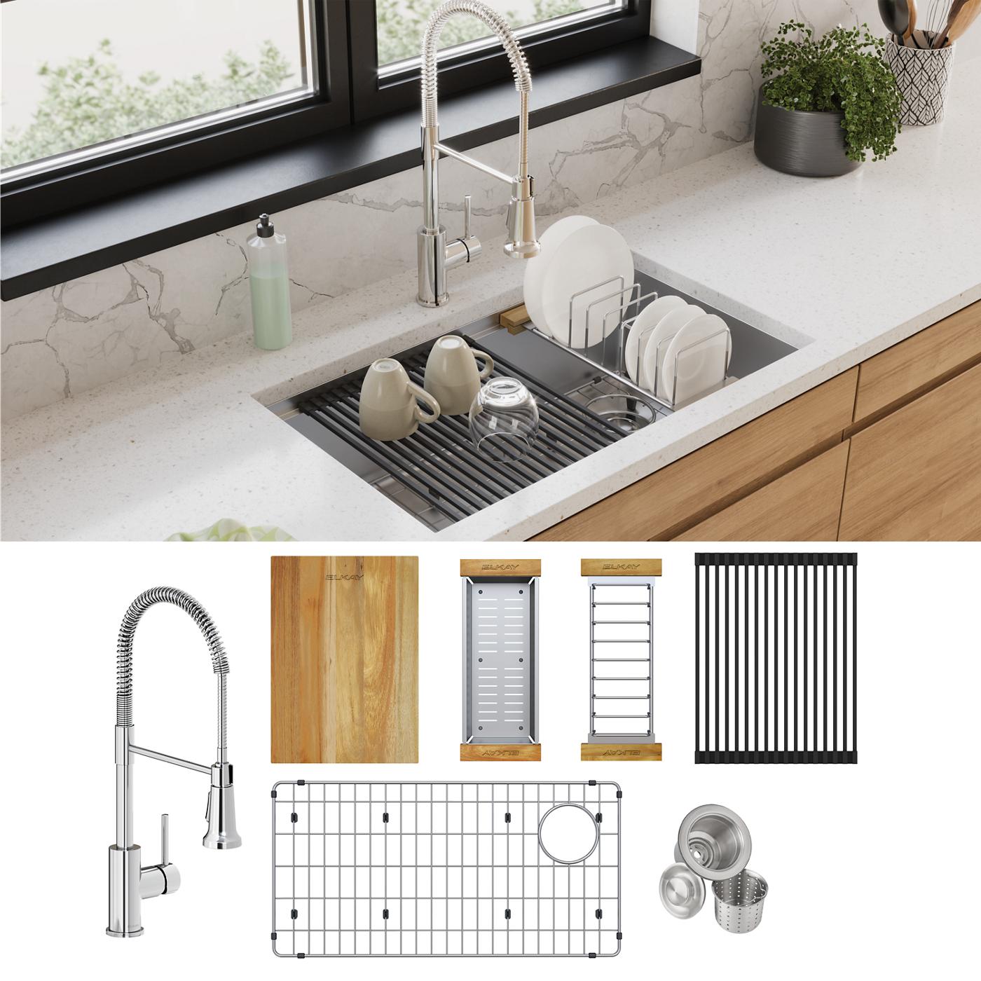 Elkay Tarja Crosstown® Calibre 18 Workstation Acero Inoxidable 31-1/2" x 18-1/2" x 9" de Un Tazón Bajo Cubierta (Kit con Llave) — ambiente de cocina