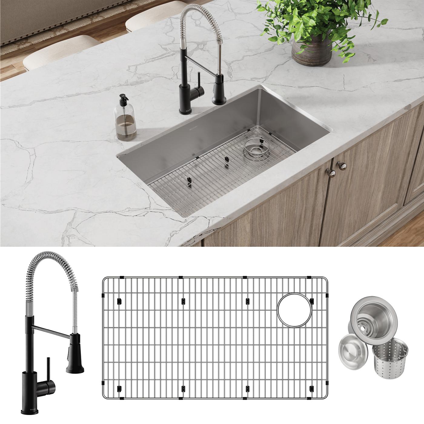 Elkay Tarja Crosstown® Calibre 18 Acero Inoxidable 31-1/2" x 18-1/2" x 9" de Un Tazón Bajo Cubierta (Kit con Llave Rejilla de Fondo y Drenaje) — ambiente de cocina