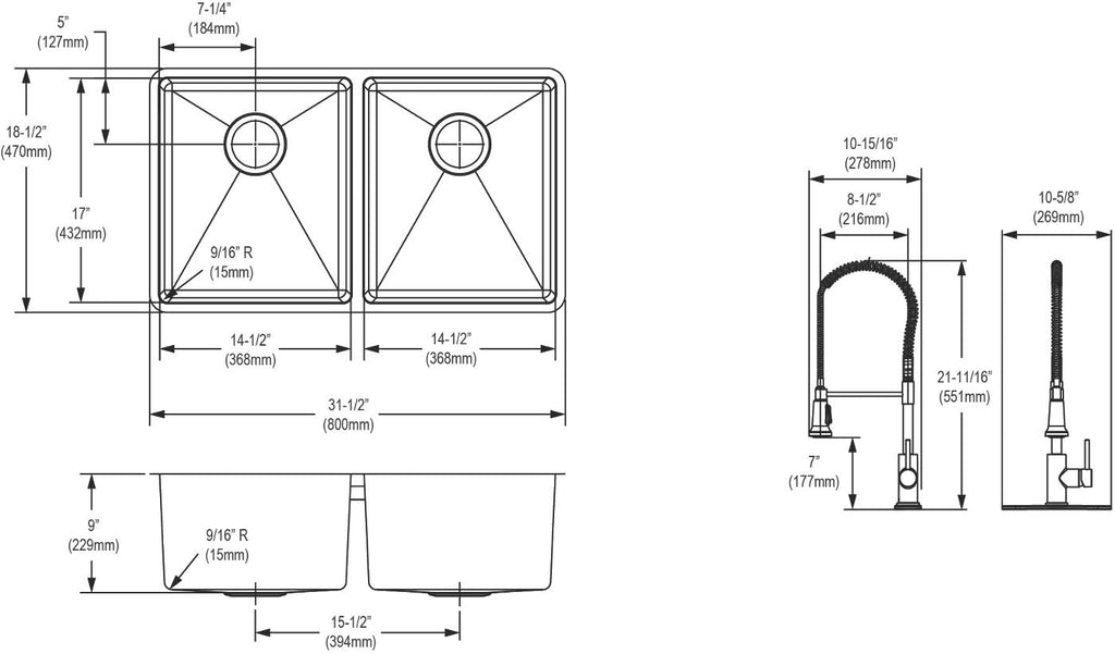 Elkay Tarja Crosstown® Calibre 18 Acero Inoxidable 31-1/2" x 18-1/2" x 9" de Dos Tazones Iguales Bajo Cubierta (Kit) with Faucet — vista de producto
