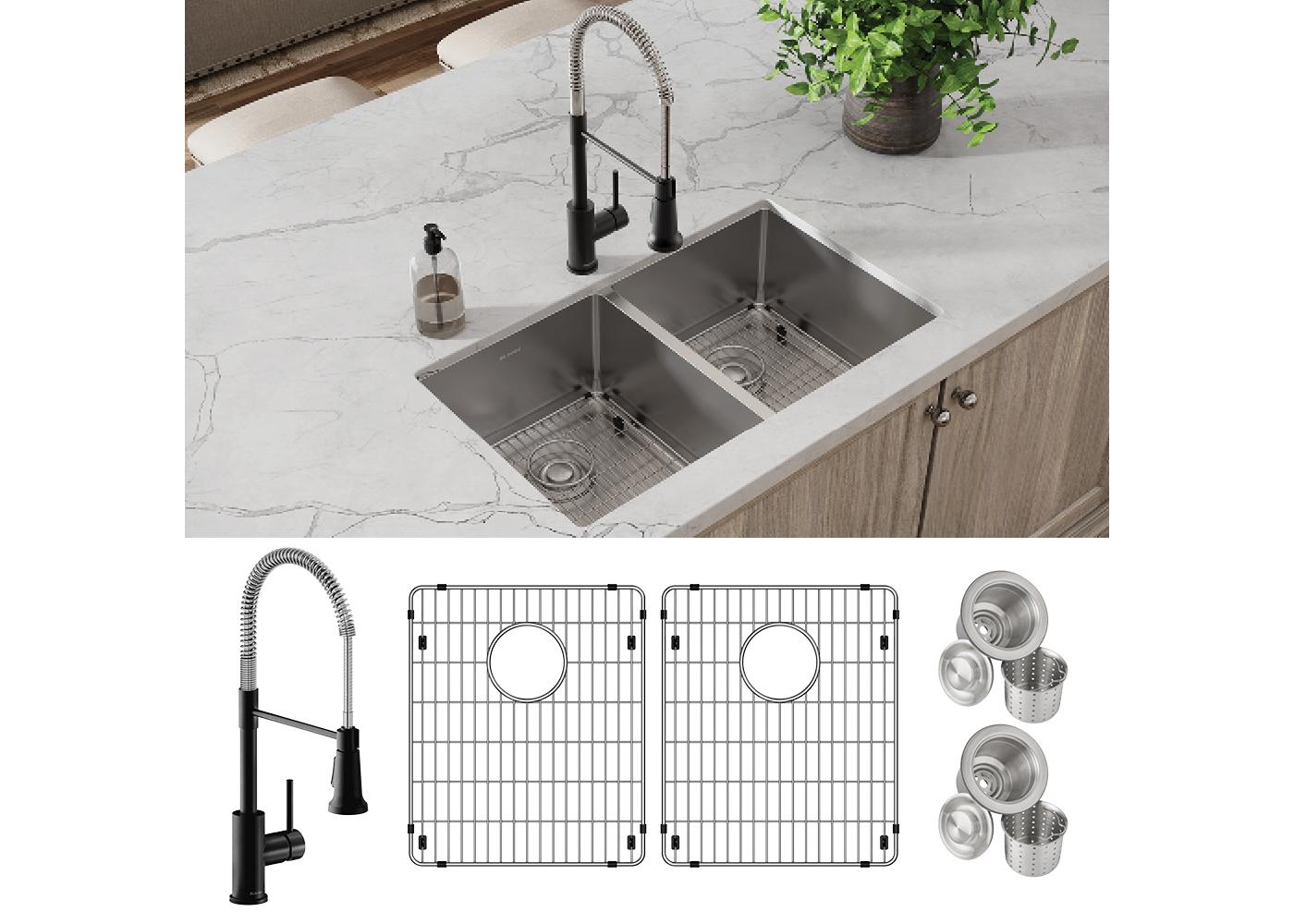 Elkay Tarja Crosstown® Calibre 18 Acero Inoxidable 31-1/2" x 18-1/2" x 9" de Dos Tazones Iguales Bajo Cubierta (Kit con Llave Rejilla de Fondo y Drenaje) — ambiente de cocina