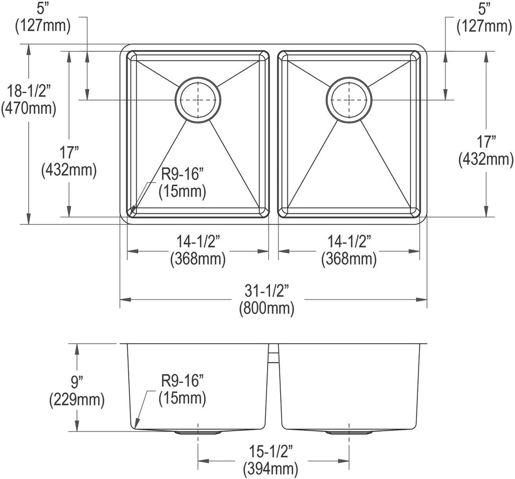 Elkay Tarja Crosstown® Calibre 18 Acero Inoxidable 31-1/2" x 18-1/2" x 9" de Dos Tazones Iguales Bajo Cubierta (Kit) — vista de producto