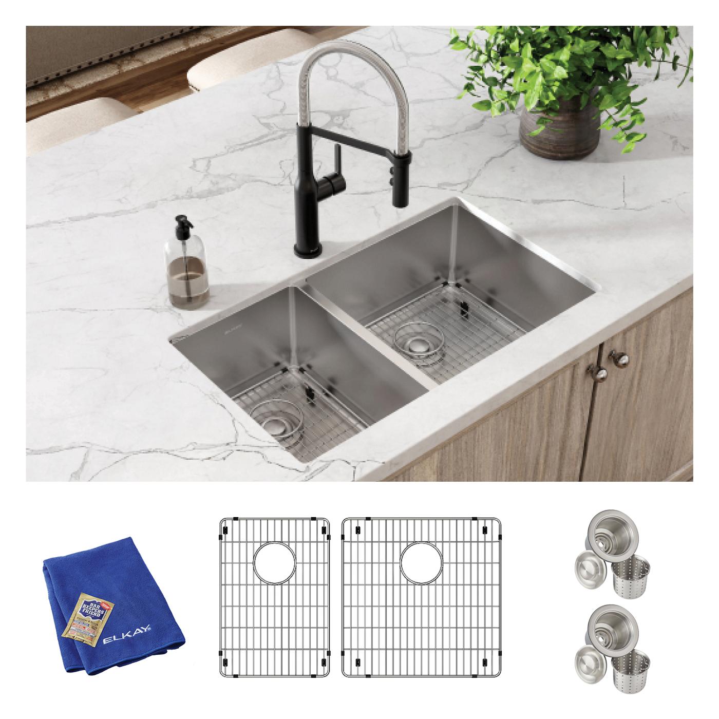 Elkay Tarja Crosstown® Calibre 18 Acero Inoxidable 31-1/2" x 18-1/2" x 9" 40/60 de Dos Tazones Bajo Cubierta (Kit) — ambiente de cocina