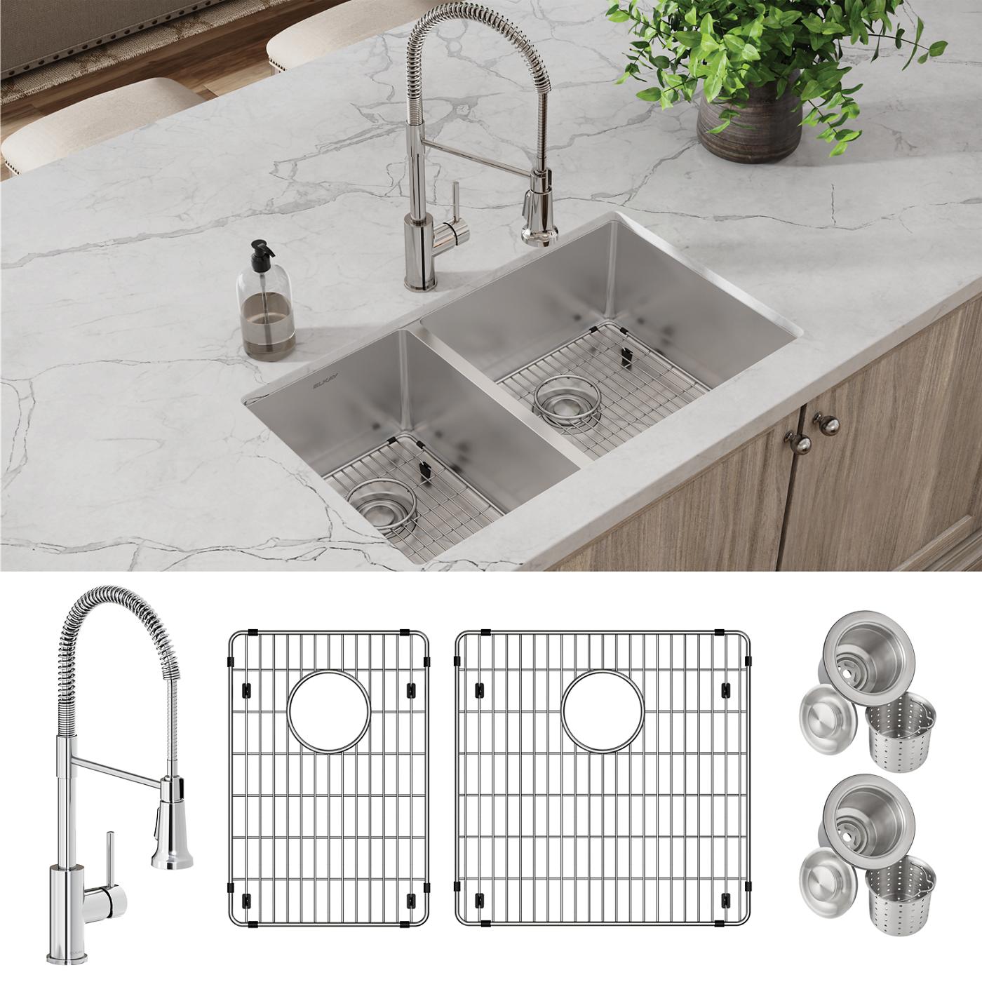 Elkay Tarja Crosstown® Calibre 18 Acero Inoxidable 31-1/2" x 18-1/2" x 9" 40/60 de Dos Tazones Bajo Cubierta (Kit con Llave Rejilla de Fondo y Drenaje) — ambiente de cocina
