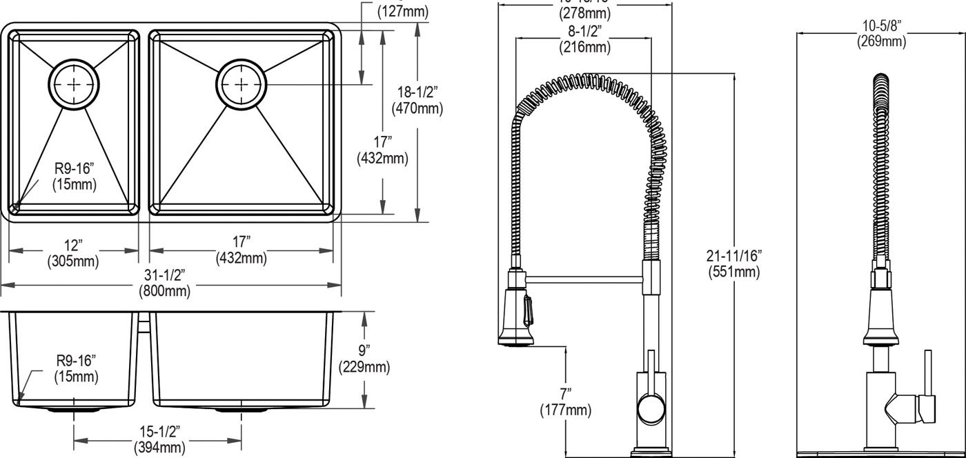 Elkay Tarja Crosstown® Calibre 18 Acero Inoxidable 31-1/2" x 18-1/2" x 9" 40/60 de Dos Tazones Bajo Cubierta (Kit con Llave Rejilla de Fondo y Drenaje) — vista de producto