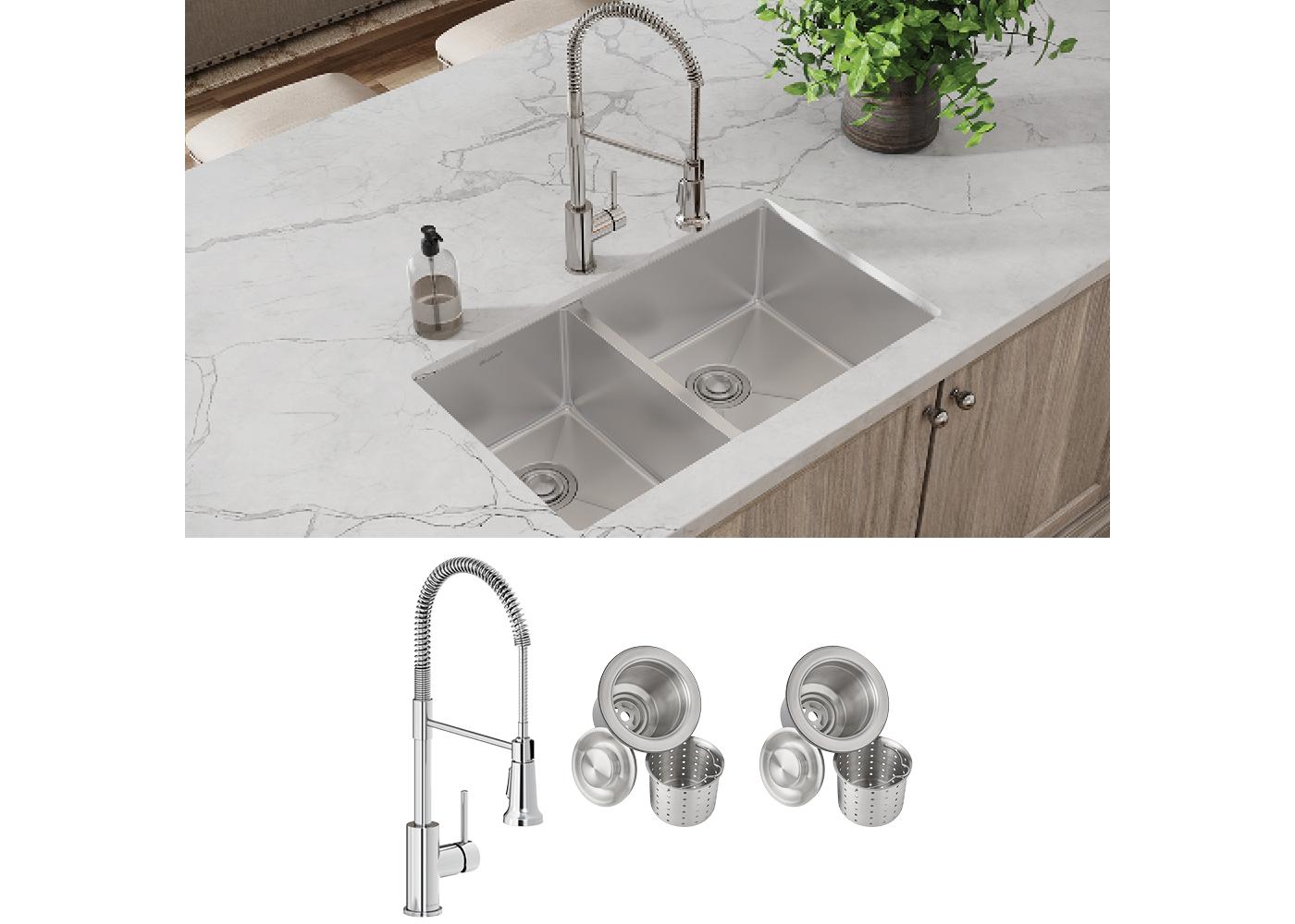Elkay Tarja Crosstown® Calibre 18 Acero Inoxidable 31-1/2" x 18-1/2" x 9" 40/60 de Dos Tazones Bajo Cubierta (Kit con Llave y Drenaje) — ambiente de cocina