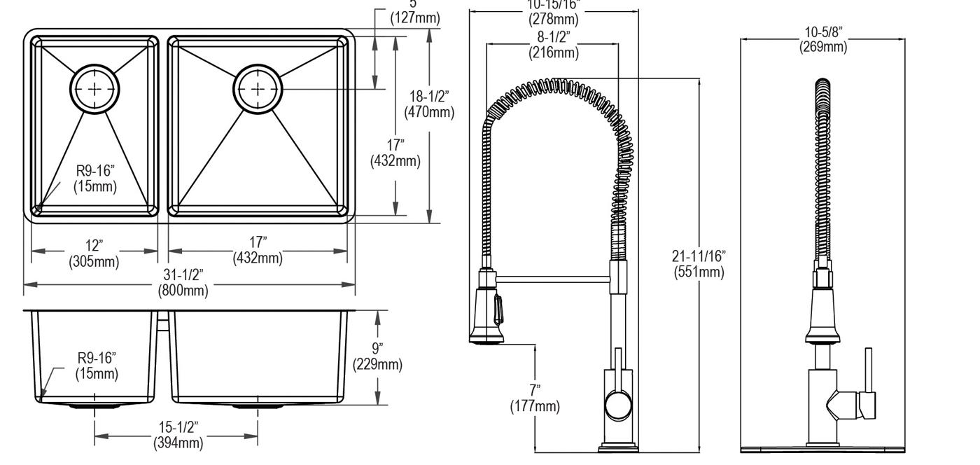 Elkay Tarja Crosstown® Calibre 18 Acero Inoxidable 31-1/2" x 18-1/2" x 9" 40/60 de Dos Tazones Bajo Cubierta (Kit con Llave y Drenaje) — vista de producto
