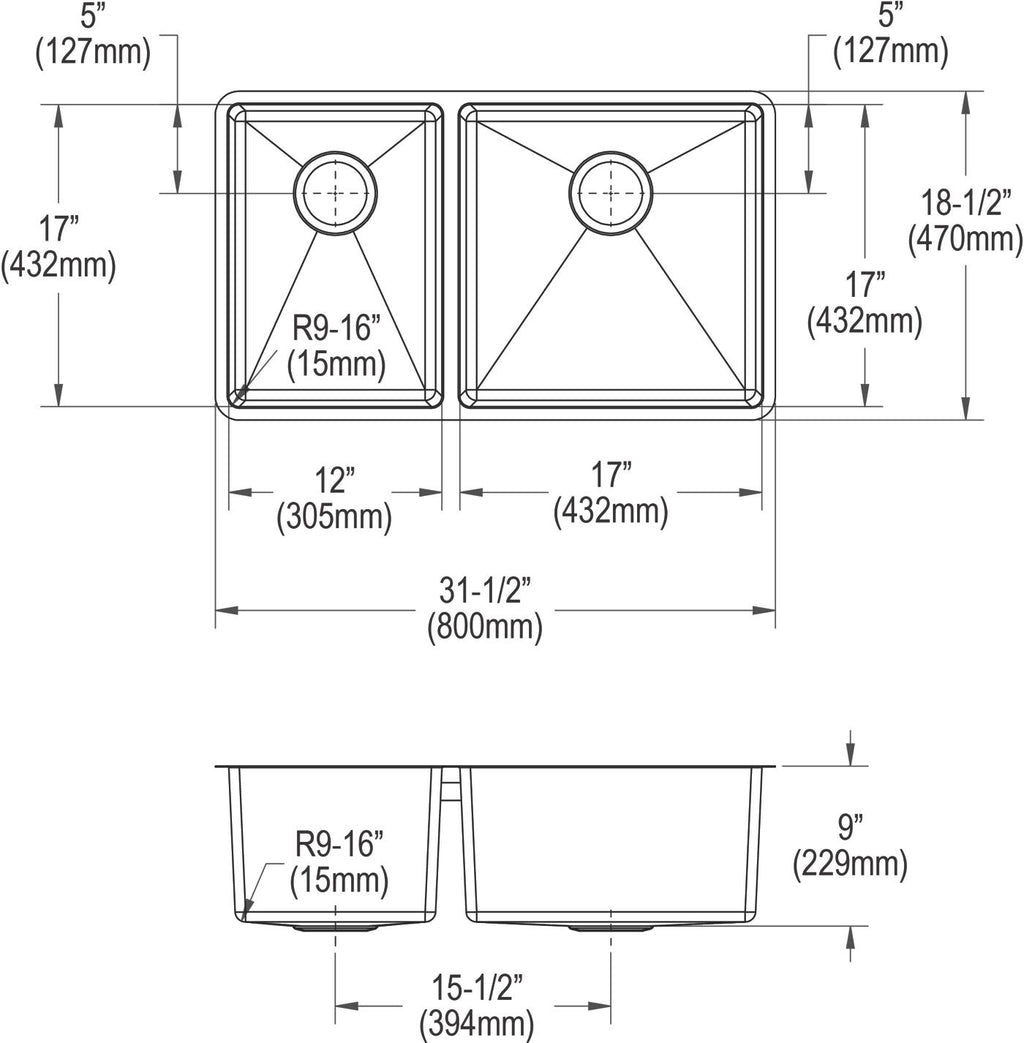 Elkay Tarja Crosstown® Calibre 18 Acero Inoxidable 31-1/2" x 18-1/2" x 9" 40/60 de Dos Tazones Bajo Cubierta — vista de producto