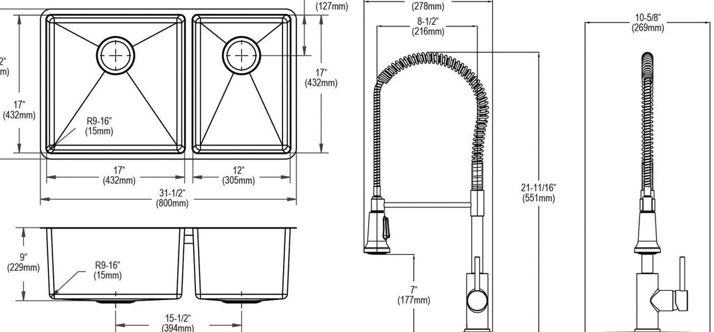 Elkay Tarja Crosstown® Calibre 18 Acero Inoxidable 31-1/2" x 18-1/2" x 9" 60/40 de Dos Tazones Bajo Cubierta (Kit con Llave Rejilla de Fondo y Drenaje) — vista de producto