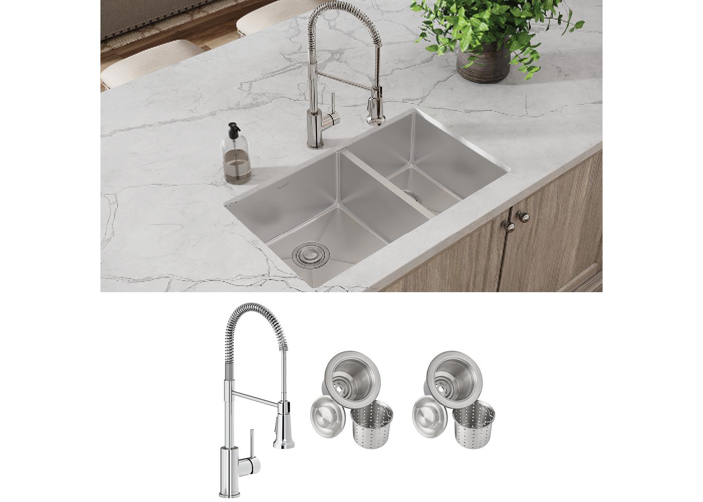 Elkay Tarja Crosstown® Calibre 18 Acero Inoxidable 31-1/2" x 18-1/2" x 9" 60/40 de Dos Tazones Bajo Cubierta (Kit con Llave y Drenaje) — ambiente de cocina