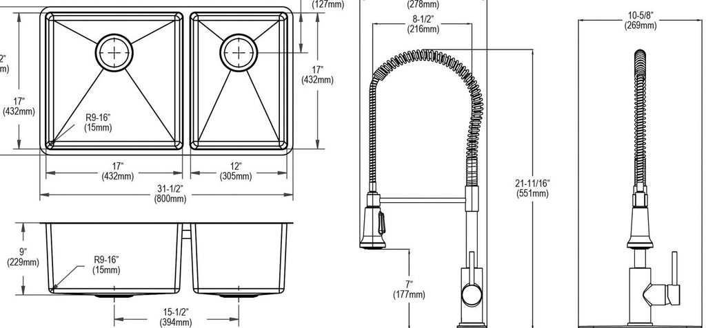 Elkay Tarja Crosstown® Calibre 18 Acero Inoxidable 31-1/2" x 18-1/2" x 9" 60/40 de Dos Tazones Bajo Cubierta (Kit con Llave y Drenaje) — vista de producto