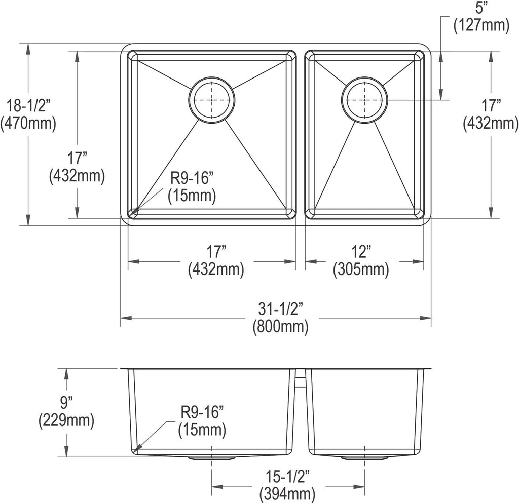 Elkay Tarja Crosstown® Calibre 18 Acero Inoxidable 31-1/2" x 18-1/2" x 9" 60/40 de Dos Tazones Bajo Cubierta — vista de producto