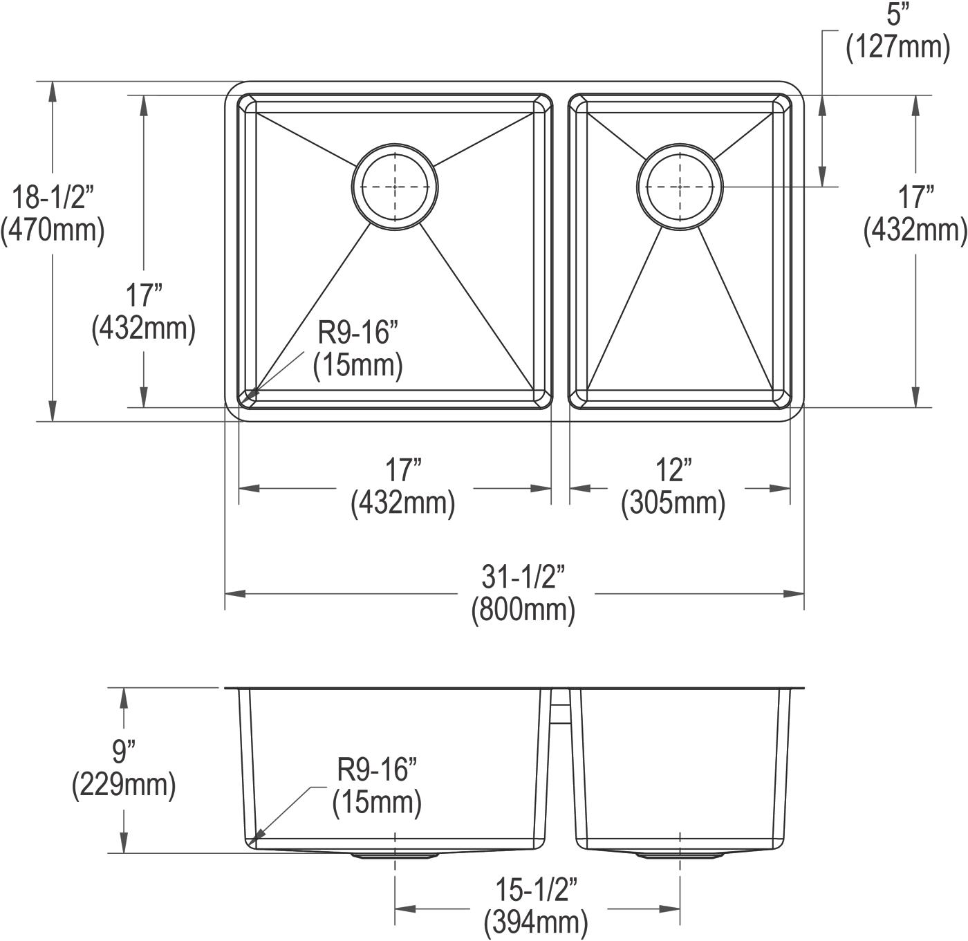 Elkay Tarja Crosstown® Calibre 18 Acero Inoxidable 31-1/2" x 18-1/2" x 9" 60/40 de Dos Tazones Bajo Cubierta (Kit) — vista de producto