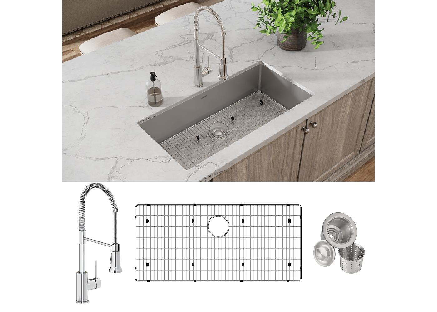 Elkay Tarja Crosstown® Calibre 18 Acero Inoxidable 36-1/2" x 18-1/2" x 9" de Un Tazón Bajo Cubierta (Kit con Llave Rejilla de Fondo y Drenaje) — ambiente de cocina