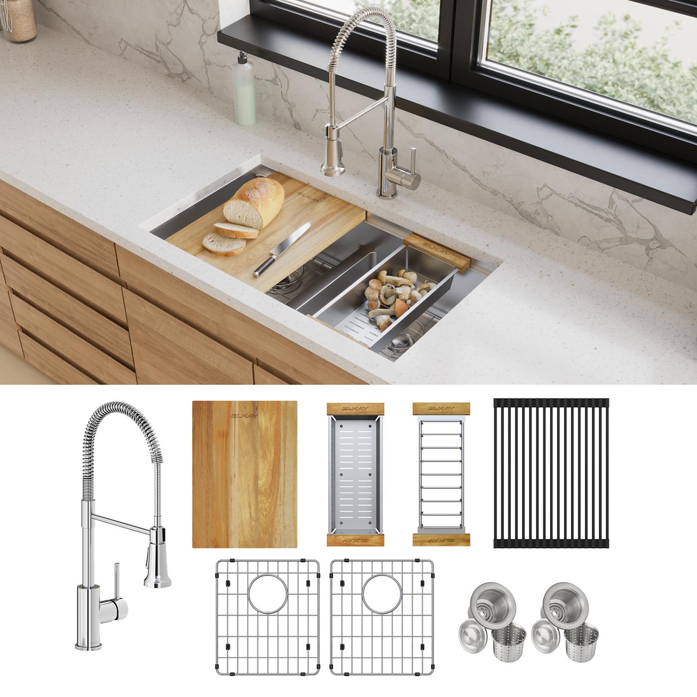 Elkay Tarja Crosstown® Calibre 18 Workstation Acero Inoxidable 31-1/2" x 18-1/2" x 9" de Dos Tazones Iguales Bajo Cubierta (Kit con Llave) con Aqua Divide — ambiente de cocina