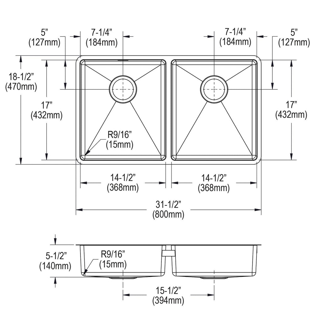 Elkay Tarja Crosstown® Calibre 18 Acero Inoxidable 31-1/2" x 18-1/2" x 5-1/2" de Dos Tazones Bajo Cubierta — vista de producto