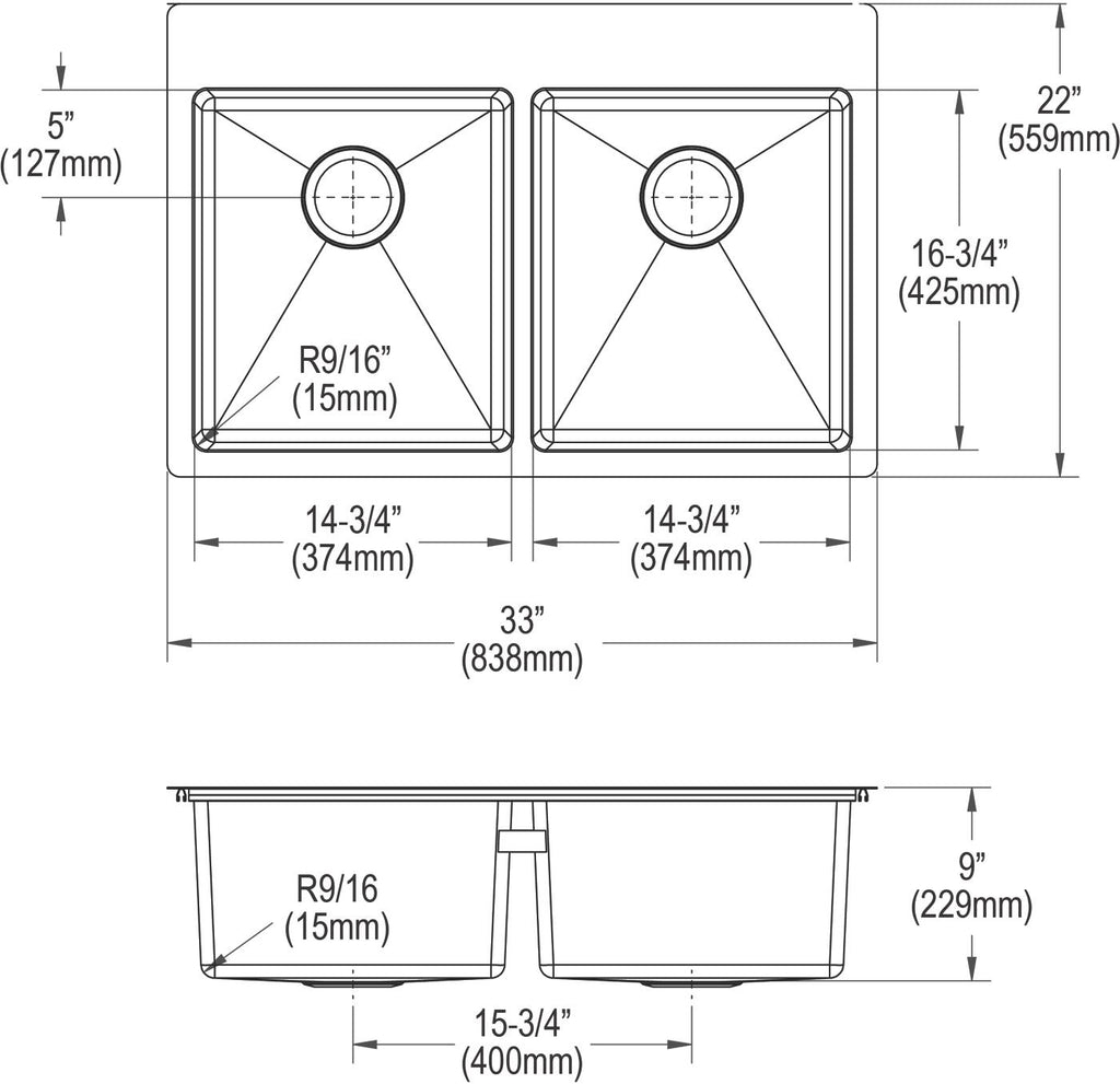 Elkay Tarja Crosstown® Calibre 18 Acero Inoxidable 33" x 22" x 9" de Dos Tazones Iguales de Doble Montaje (Kit) — vista de producto