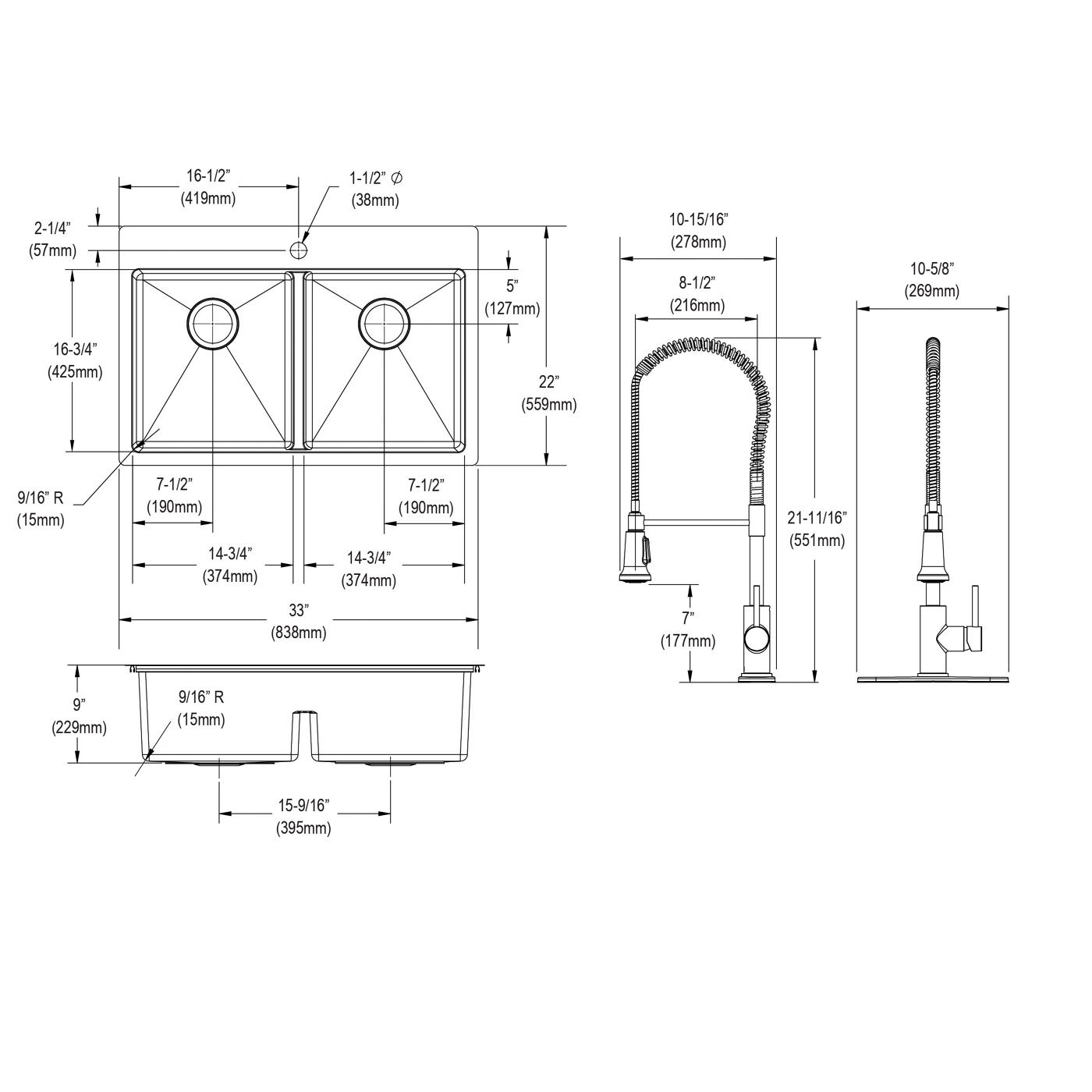 Elkay Tarja Crosstown® Calibre 18 Acero Inoxidable 33" x 22" x 9" 1 Orificio de Dos Tazones Iguales de Doble Montaje (Kit con Aqua Divide) and Faucet — vista de producto
