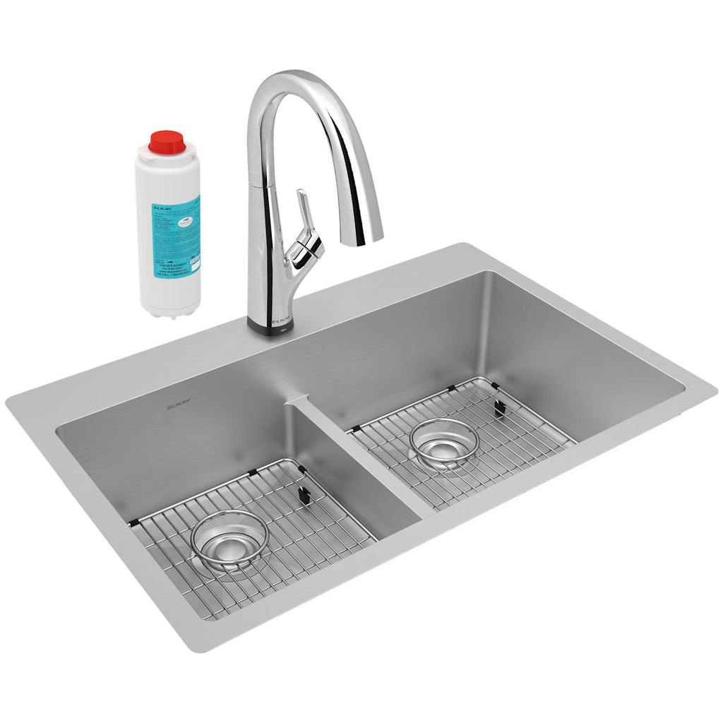 Elkay Tarja Crosstown® Calibre 18 Acero Inoxidable 33" x 22" x 9" de Dos Tazones Iguales de Doble Montaje (Kit con Llave Filtrada) con Aqua Divide — vista de producto