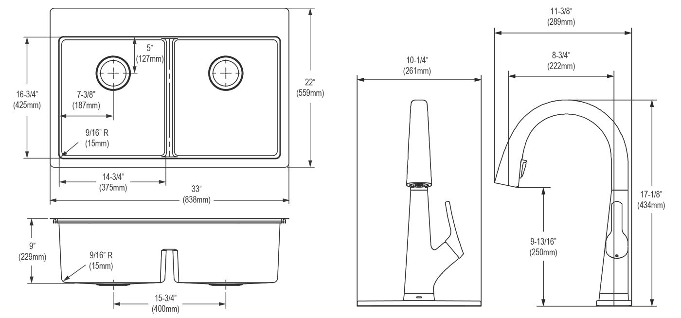 Elkay Tarja Crosstown® Calibre 18 Acero Inoxidable 33" x 22" x 9" de Dos Tazones Iguales de Doble Montaje (Kit con Llave Filtrada) con Aqua Divide — vista de producto