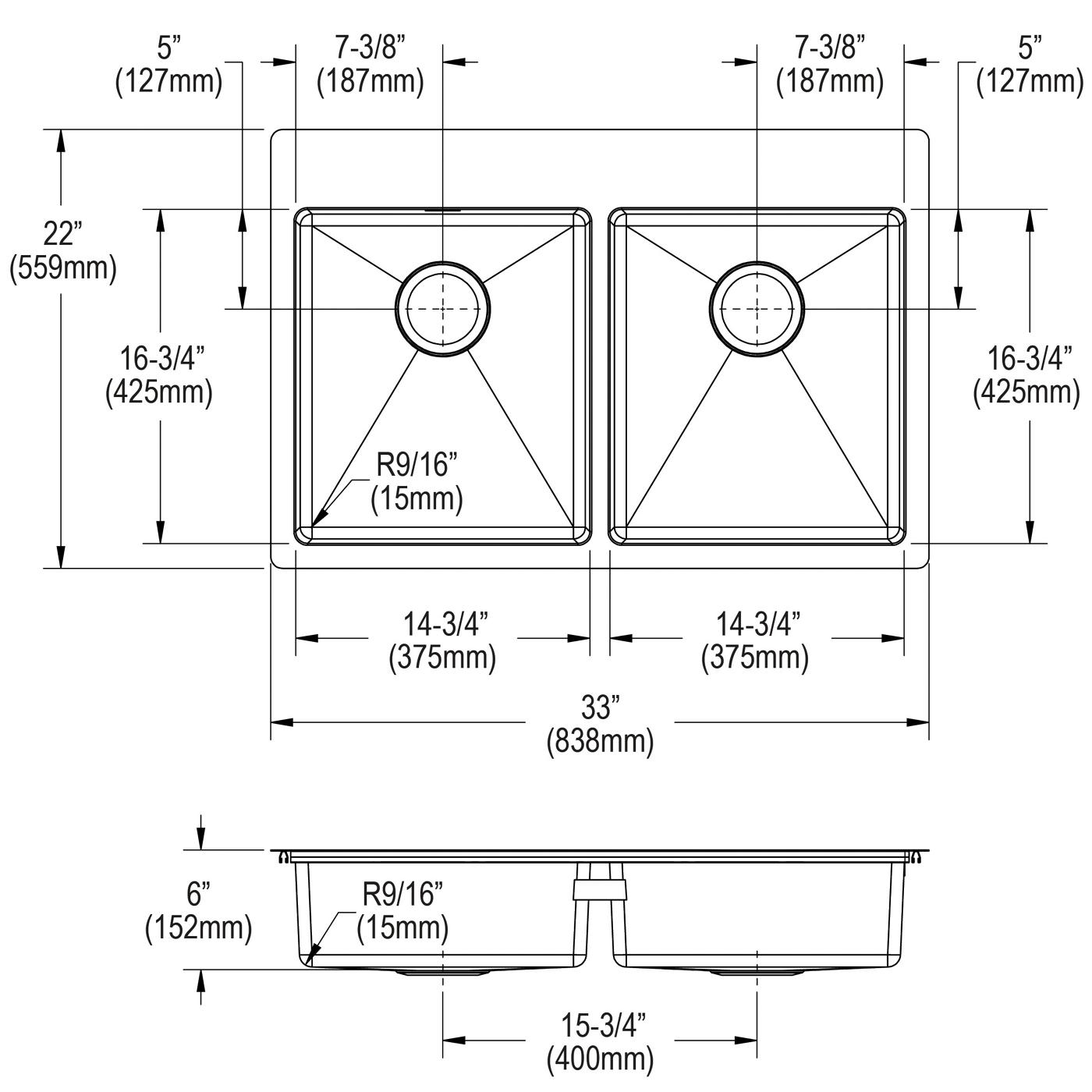Elkay Tarja Crosstown® Calibre 18 Acero Inoxidable 33" x 22" x 6" de Dos Tazones Iguales ADA de Doble Montaje — vista de producto