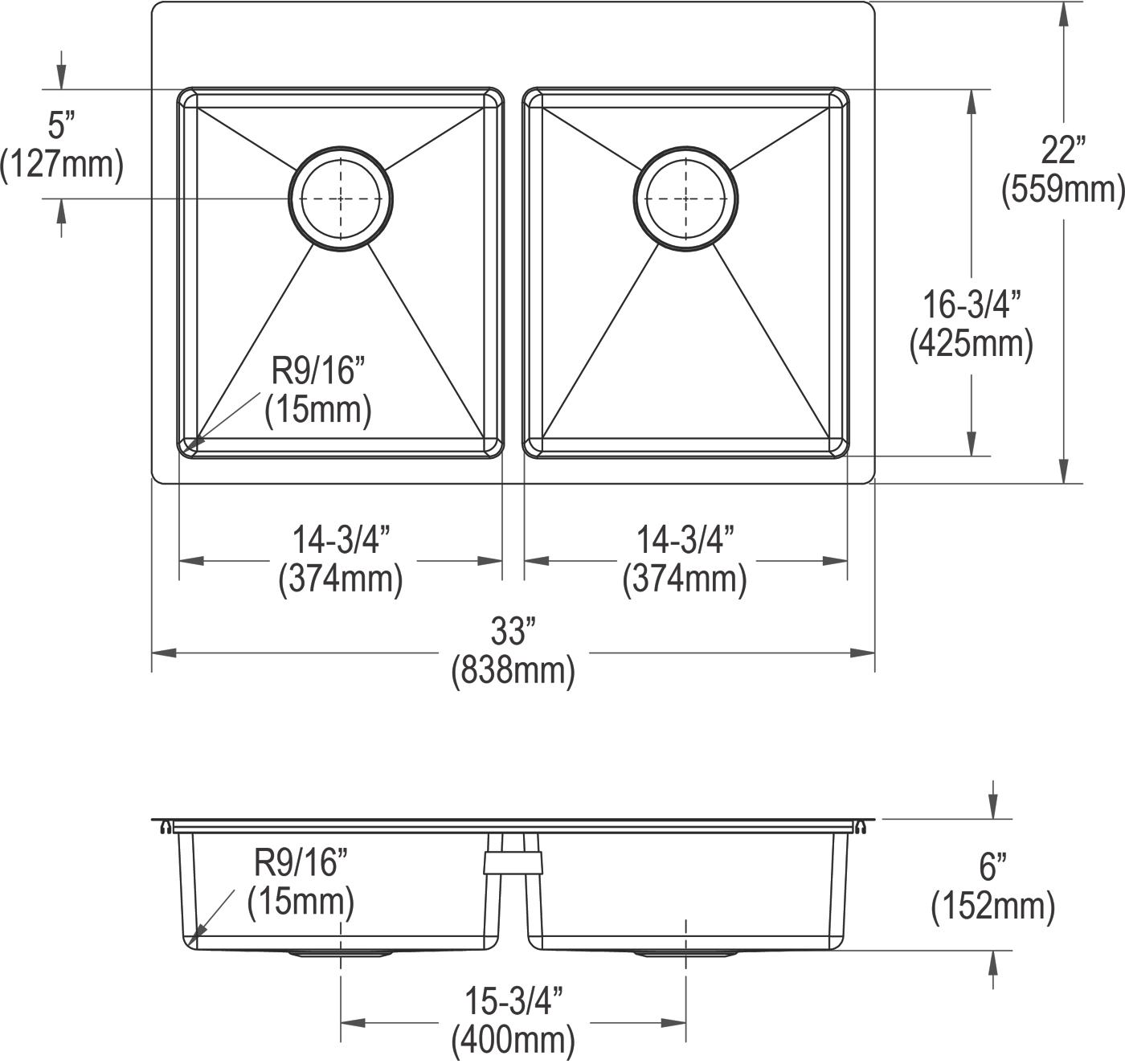 Elkay Tarja Crosstown® Calibre 18 Acero Inoxidable 33" x 22" x 6" de Dos Tazones Iguales de Doble Montaje ADA (Kit) — vista de producto