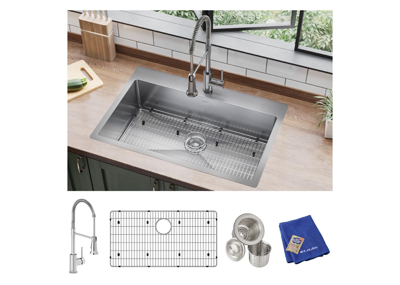 Elkay Tarja Crosstown® Calibre 18 Acero Inoxidable 33" x 22" x 9" 1 Orificio de Un Tazón de Doble Montaje (Kit) with Faucet — ambiente de cocina