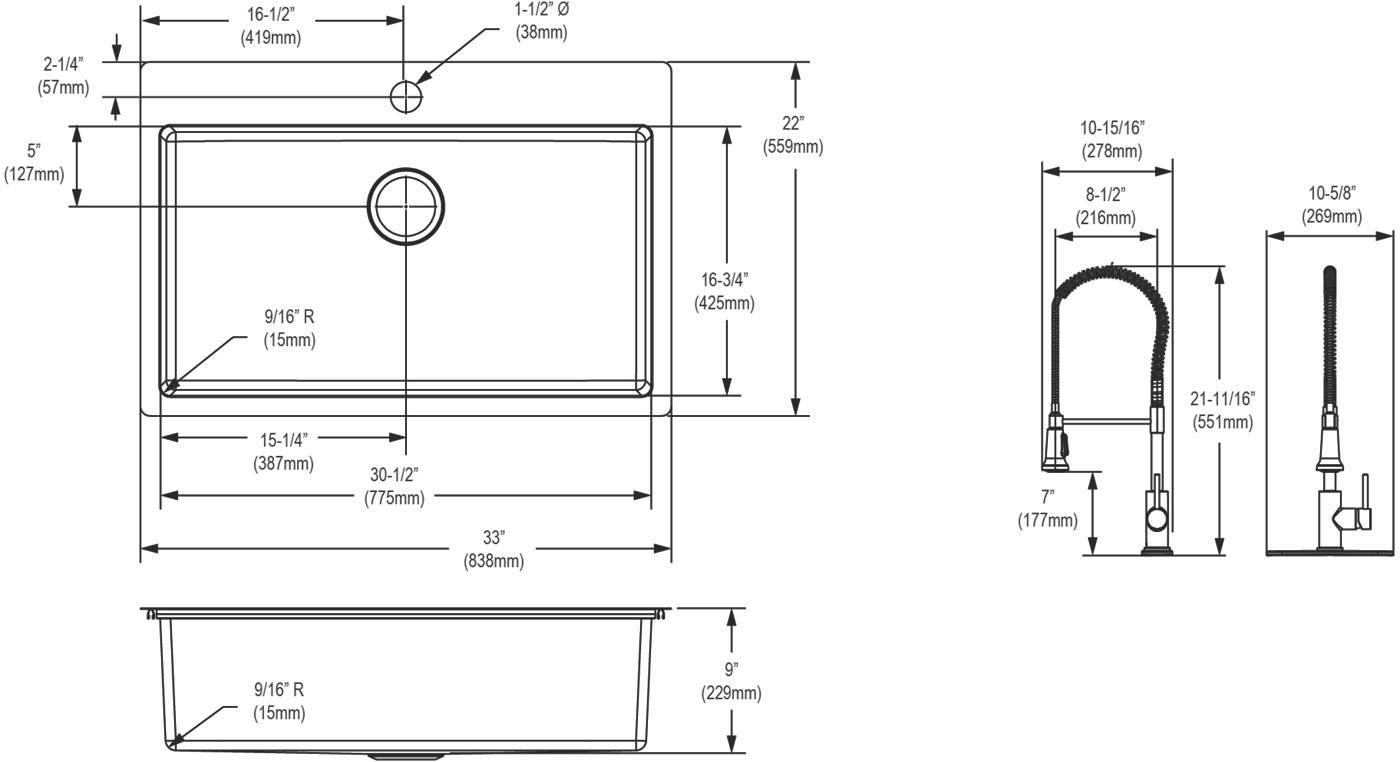 Elkay Tarja Crosstown® Calibre 18 Acero Inoxidable 33" x 22" x 9" 1 Orificio de Un Tazón de Doble Montaje (Kit) with Faucet — vista de producto