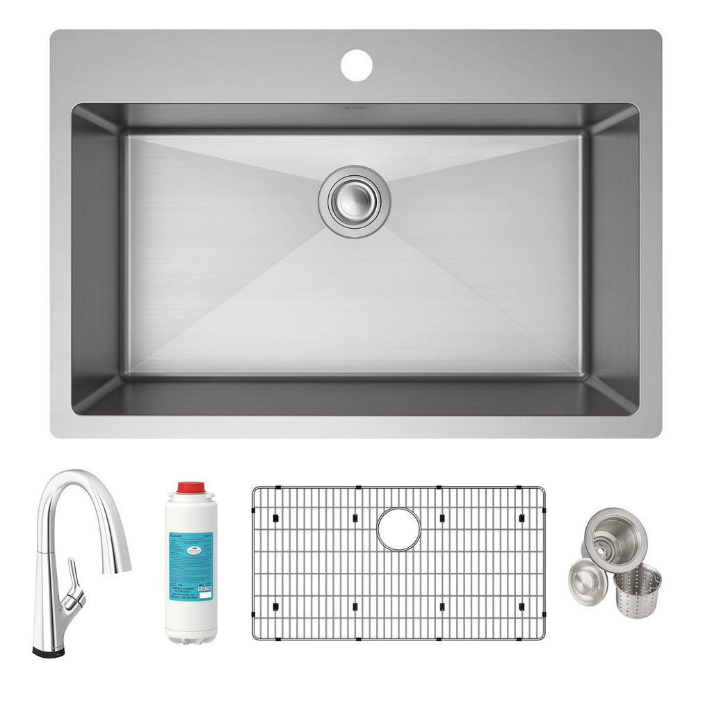 Elkay Tarja Crosstown® Calibre 18 Acero Inoxidable 33" x 22" x 9" de Un Tazón de Doble Montaje (Kit con Llave Filtrada) — ambiente de cocina