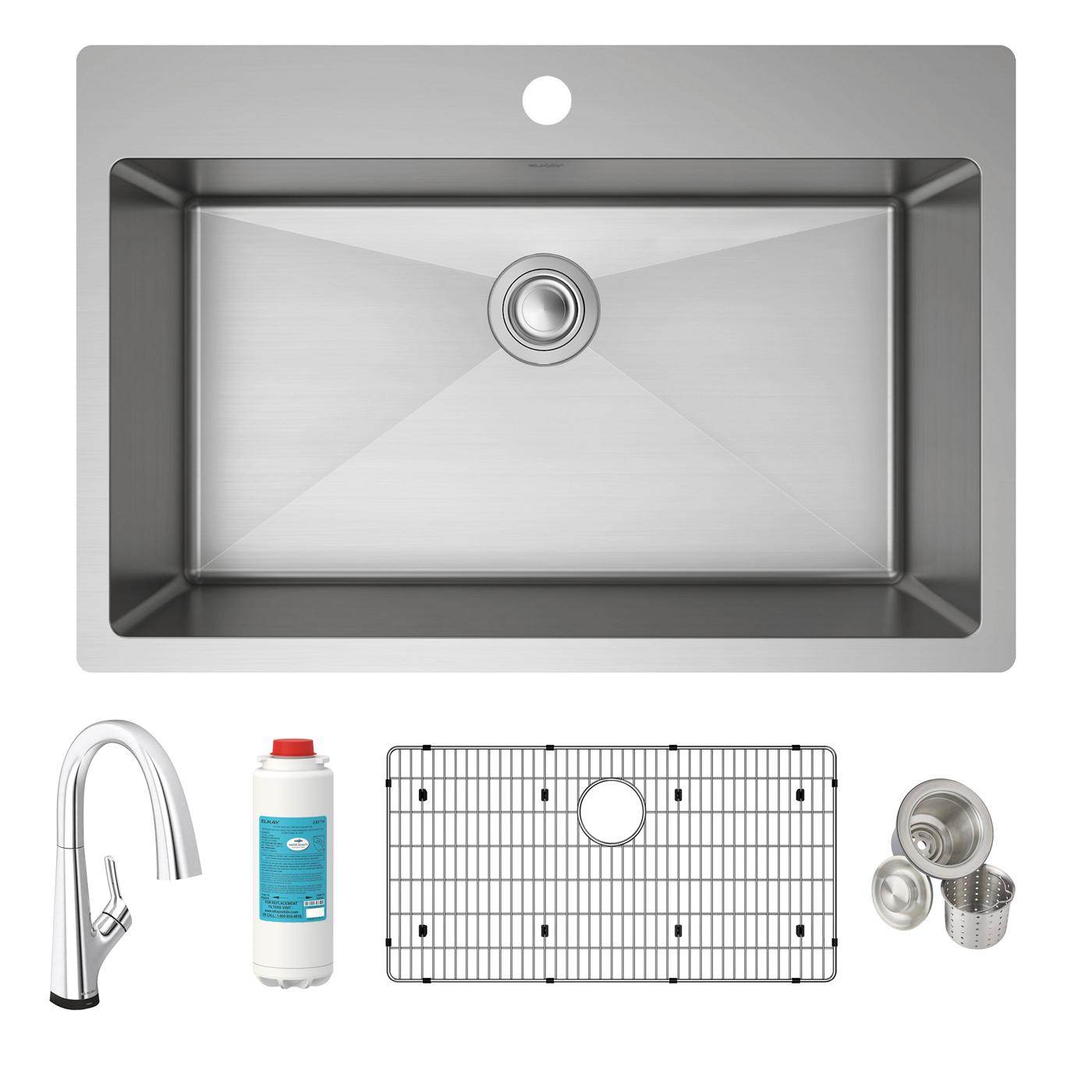 Elkay Tarja Crosstown® Calibre 18 Acero Inoxidable 33" x 22" x 9" de Un Tazón de Doble Montaje (Kit con Llave Filtrada) — ambiente de cocina