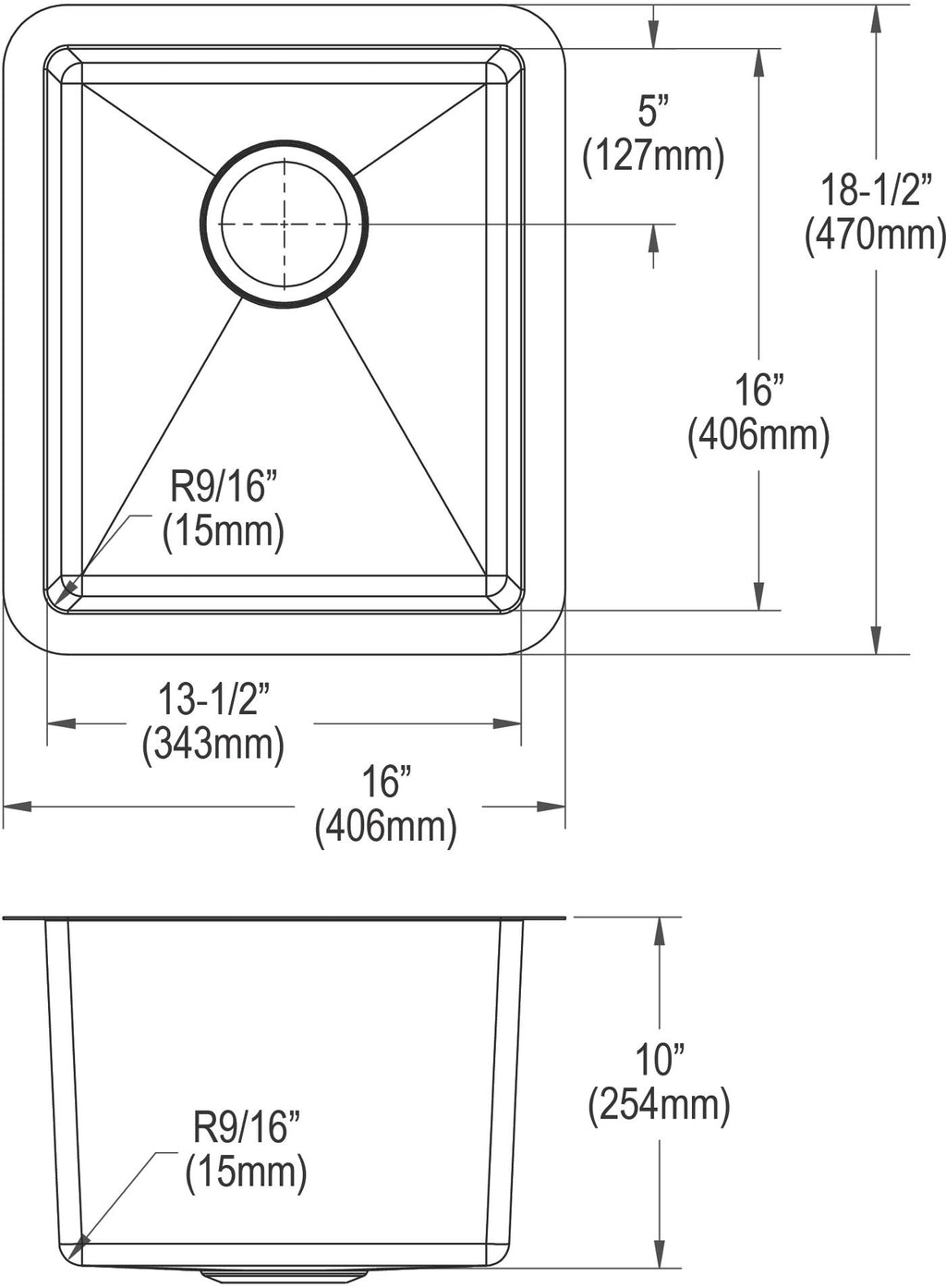 Elkay Tarja Crosstown® Calibre 16 Acero Inoxidable 16" x 18-1/2" x 10" de Un Tazón Bajo Cubierta — vista de producto