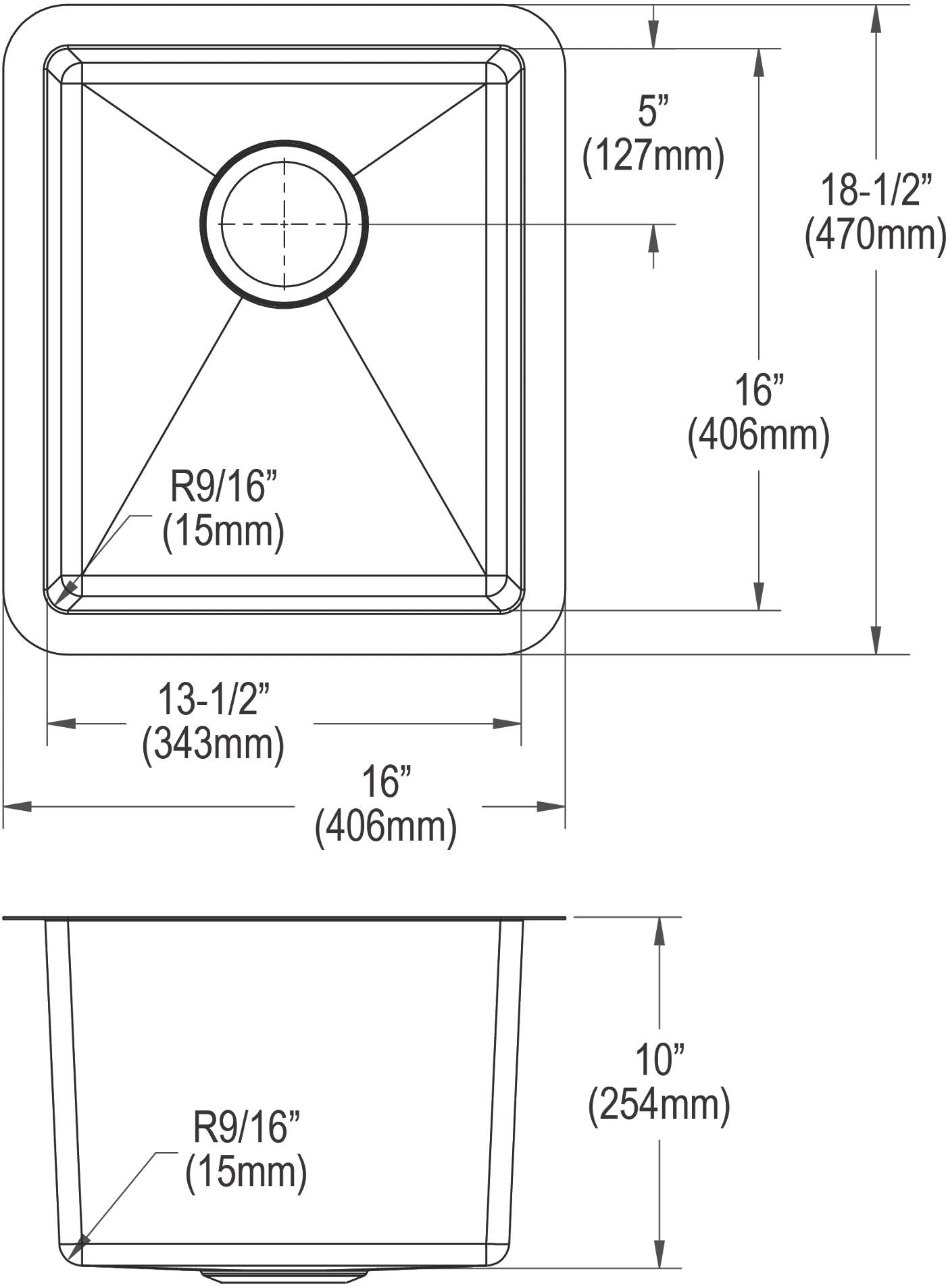 Elkay Tarja Crosstown® Calibre 16 Acero Inoxidable 16" x 18-1/2" x 10" de Un Tazón Bajo Cubierta — vista de producto