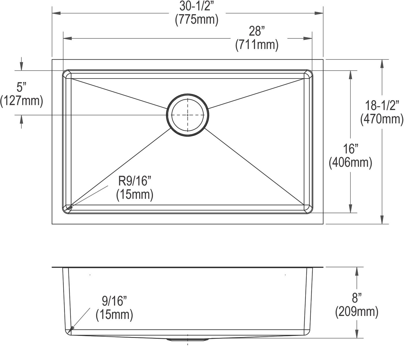 Elkay Tarja Crosstown® Calibre 16 Acero Inoxidable 30-1/2" x 18-1/2" x 8" de Un Tazón Bajo Cubierta (Kit) — vista de producto