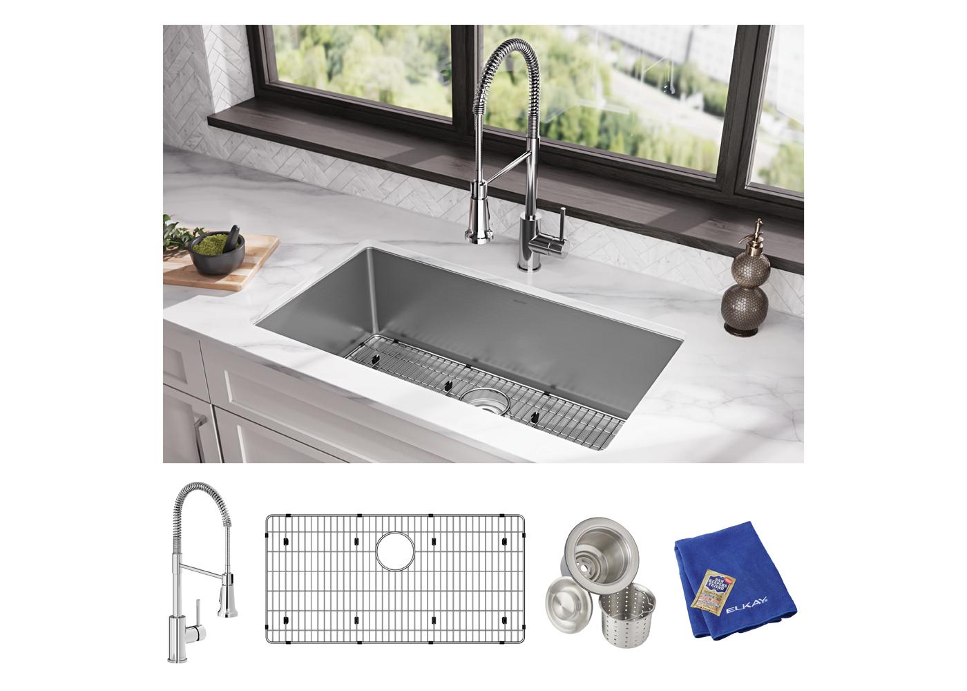 Elkay Tarja Crosstown® Calibre 16 Acero Inoxidable 32-1/2" x 18" x 10" de Un Tazón Bajo Cubierta (Kit) with Faucet — ambiente de cocina