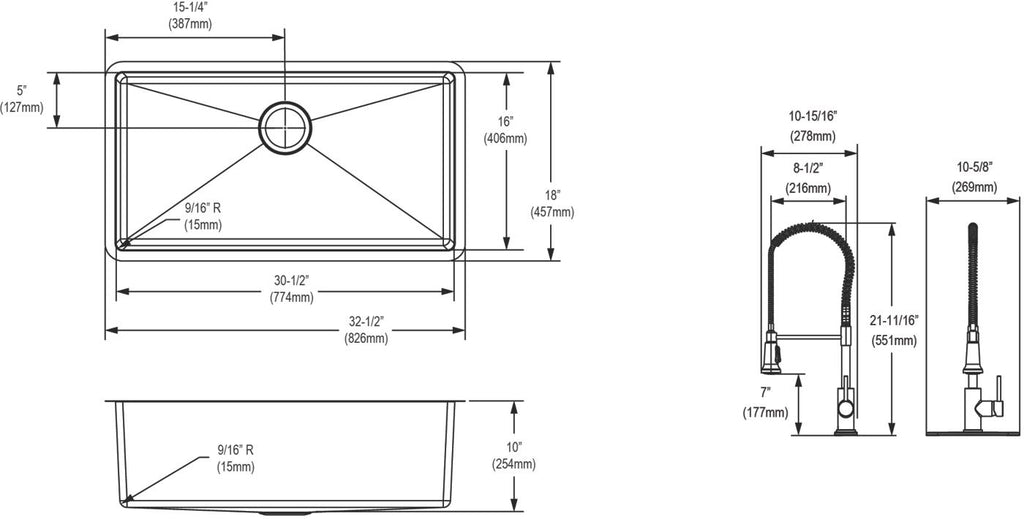 Elkay Tarja Crosstown® Calibre 16 Acero Inoxidable 32-1/2" x 18" x 10" de Un Tazón Bajo Cubierta (Kit) with Faucet — vista de producto