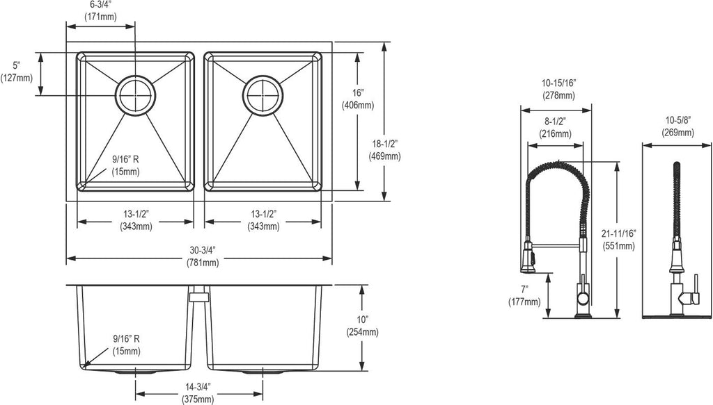 Elkay Tarja Crosstown® Calibre 16 Acero Inoxidable 30-3/4" x 18-1/2" x 10" de Dos Tazones Iguales Bajo Cubierta (Kit) with Faucet — vista de producto