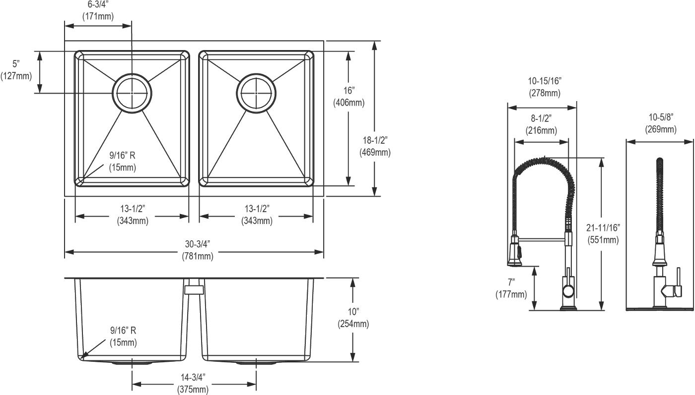Elkay Tarja Crosstown® Calibre 16 Acero Inoxidable 30-3/4" x 18-1/2" x 10" de Dos Tazones Iguales Bajo Cubierta (Kit) with Faucet — vista de producto