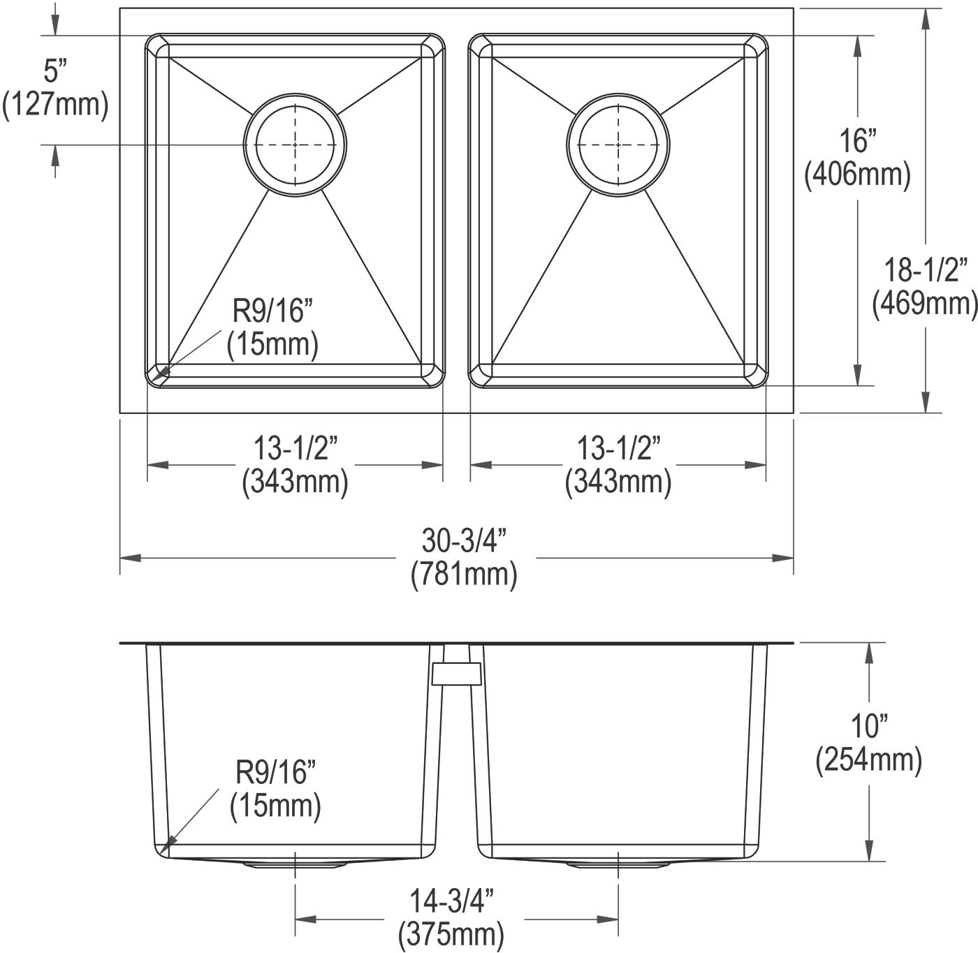 Elkay Tarja Crosstown® Calibre 16 Acero Inoxidable 30-3/4" x 18-1/2" x 10" de Dos Tazones Iguales Bajo Cubierta — vista de producto