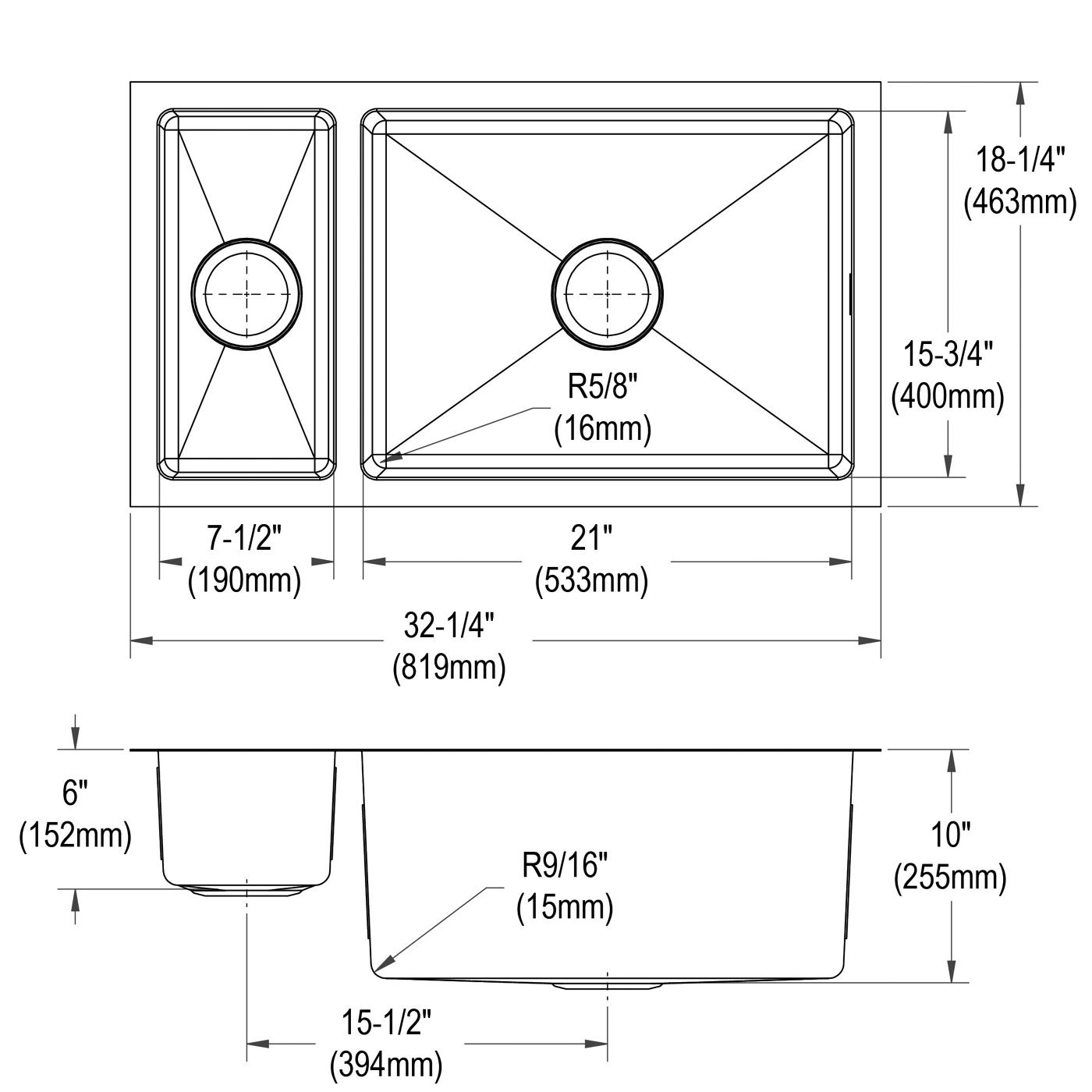 Elkay Tarja Crosstown® Calibre 16 Acero Inoxidable 32-1/4" x 18-1/4" x 10" 30/70 de Dos Tazones Bajo Cubierta — vista de producto