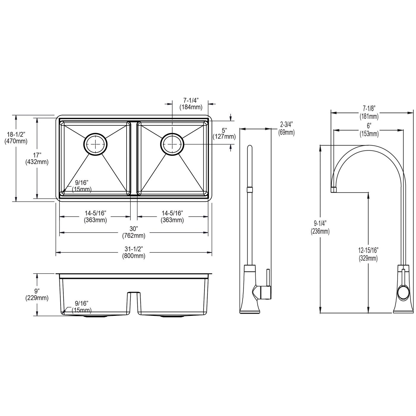 Elkay Tarja Crosstown® Calibre 16 Workstation Acero Inoxidable 31-1/2" x 18-1/2" x 9" de Dos Tazones Iguales (Kit con Aqua Divide) and Filtered Beverage Faucet — vista de producto