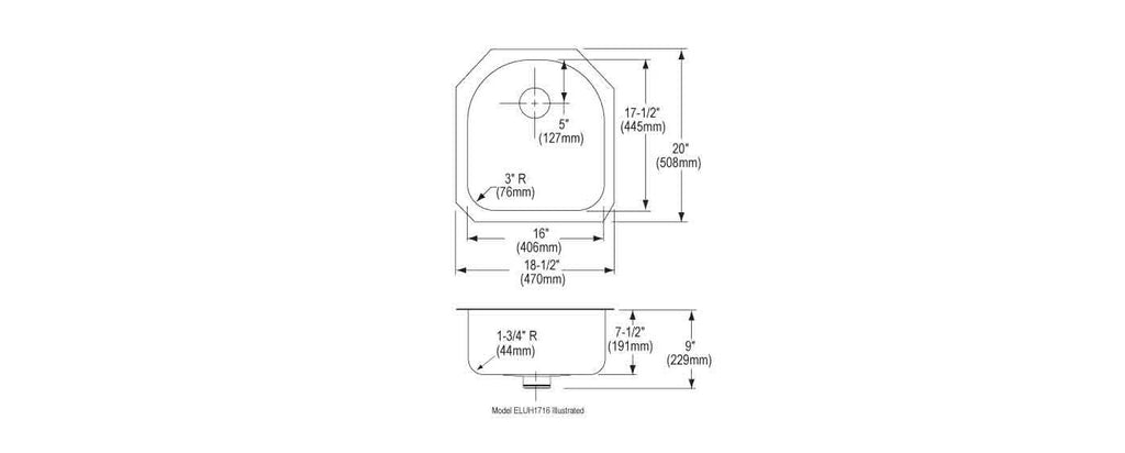 Elkay Tarja Lustertone® Classic Acero Inoxidable 18-1/2" x 20" x 7-1/2" de Un Tazón Bajo Cubierta with Perfect Drain® — vista de producto