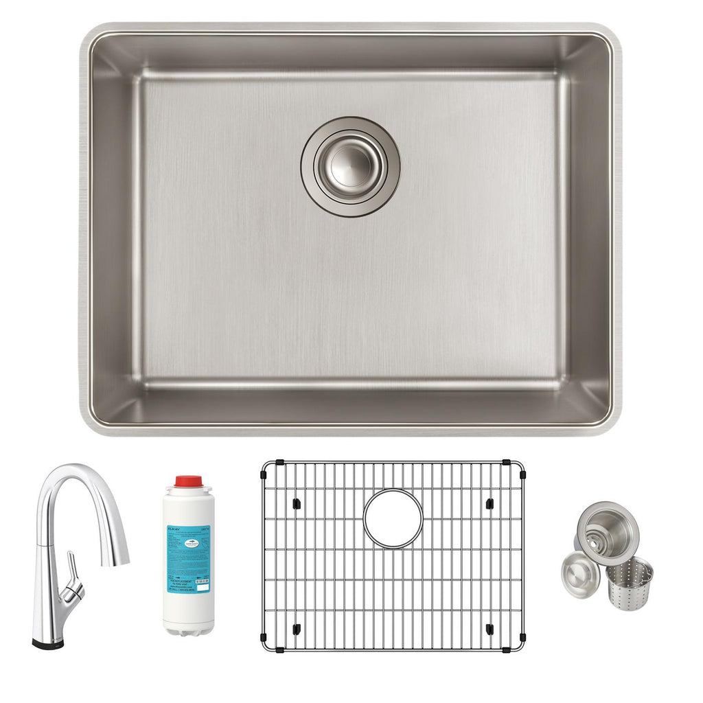 Elkay Tarja Lustertone Iconix® Calibre 18 Acero Inoxidable 23-1/2" x 18-1/4" x 9" de Un Tazón Bajo Cubierta (Kit con Llave Filtrada) — ambiente de cocina