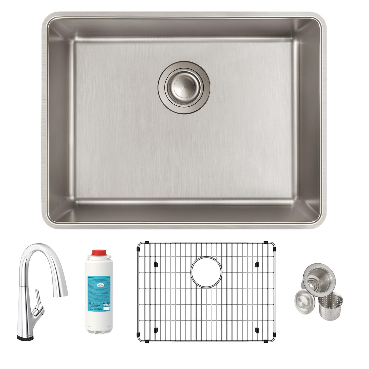 Elkay Tarja Lustertone Iconix® Calibre 18 Acero Inoxidable 23-1/2" x 18-1/4" x 9" de Un Tazón Bajo Cubierta (Kit con Llave Filtrada) — ambiente de cocina