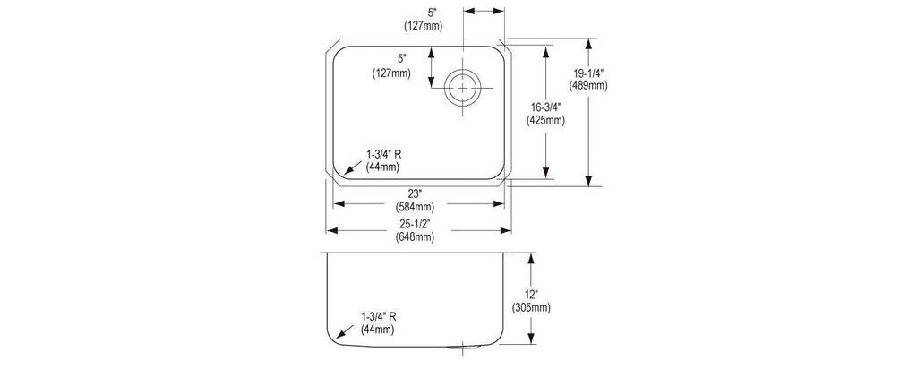 Elkay Tarja Lustertone® Classic Acero Inoxidable 25-1/2" x 19-1/4" x 12" de Un Tazón Bajo Cubierta with Right Drain — vista de producto